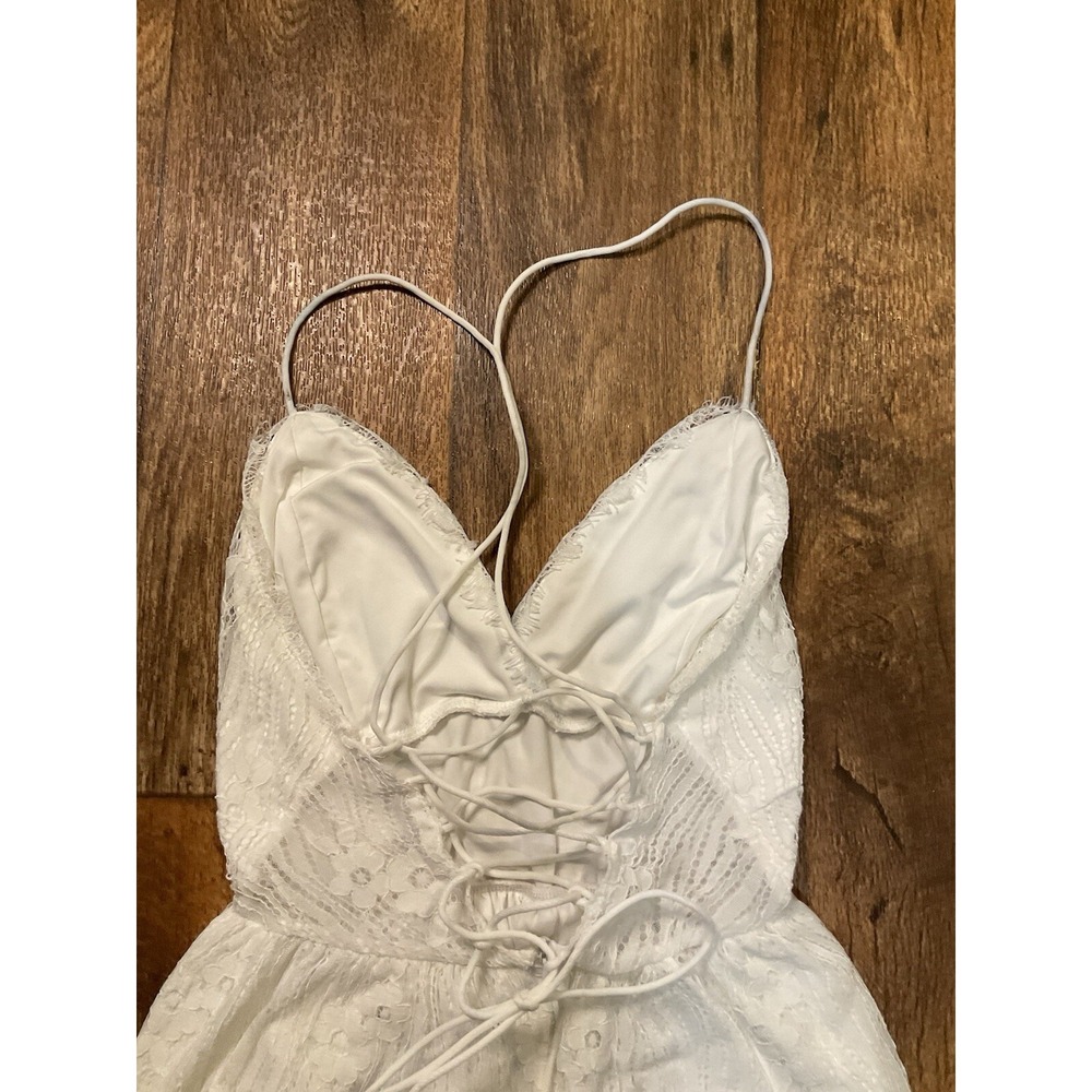 Aooksmery Dress White Lace Womens Small V Neck Lace Up Back Spaghetti Strap - Picture 7 of 9